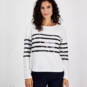 Nautica White Cotton Sequined stripe long sleeve top size XL NWT